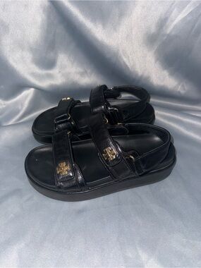 Tory Burch Black Leather Logo Strap Platform Sandals